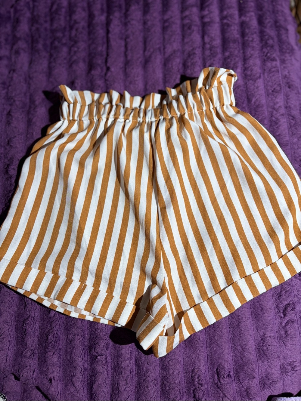 SHEIN White and Mustard Vertical Stripe High Waist Paperbag Shorts